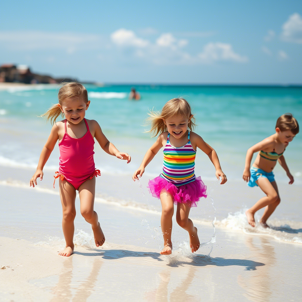 Vibrant kids playing in colorful swimwear by the beach