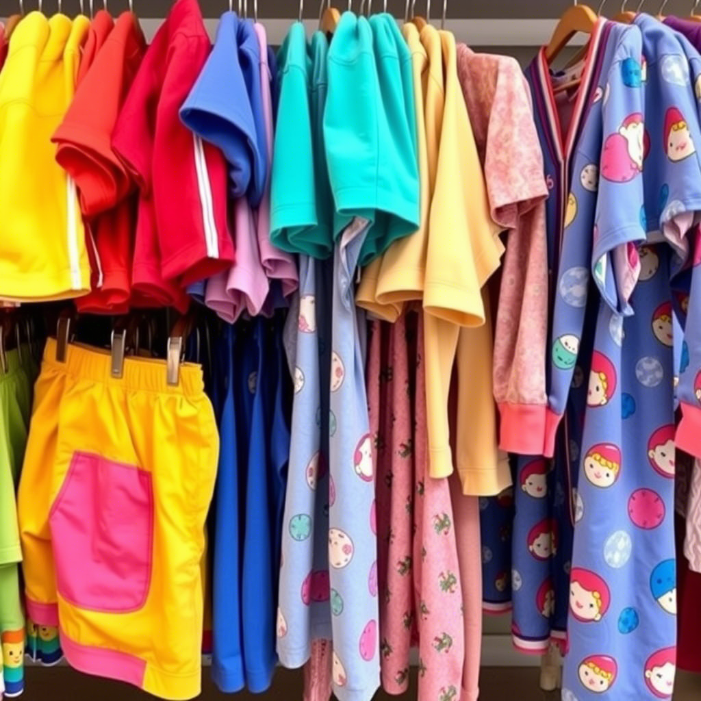 Vibrant kids’ shorts and pajamas displayed on a colorful clothing rack