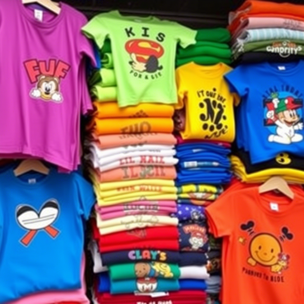 Vibrant kids’ t-shirts with fun designs, stacked in a wholesale supplier’s storage