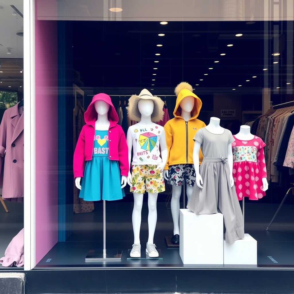 Vibrant kids wear collection displayed on mannequins in a boutique storefront