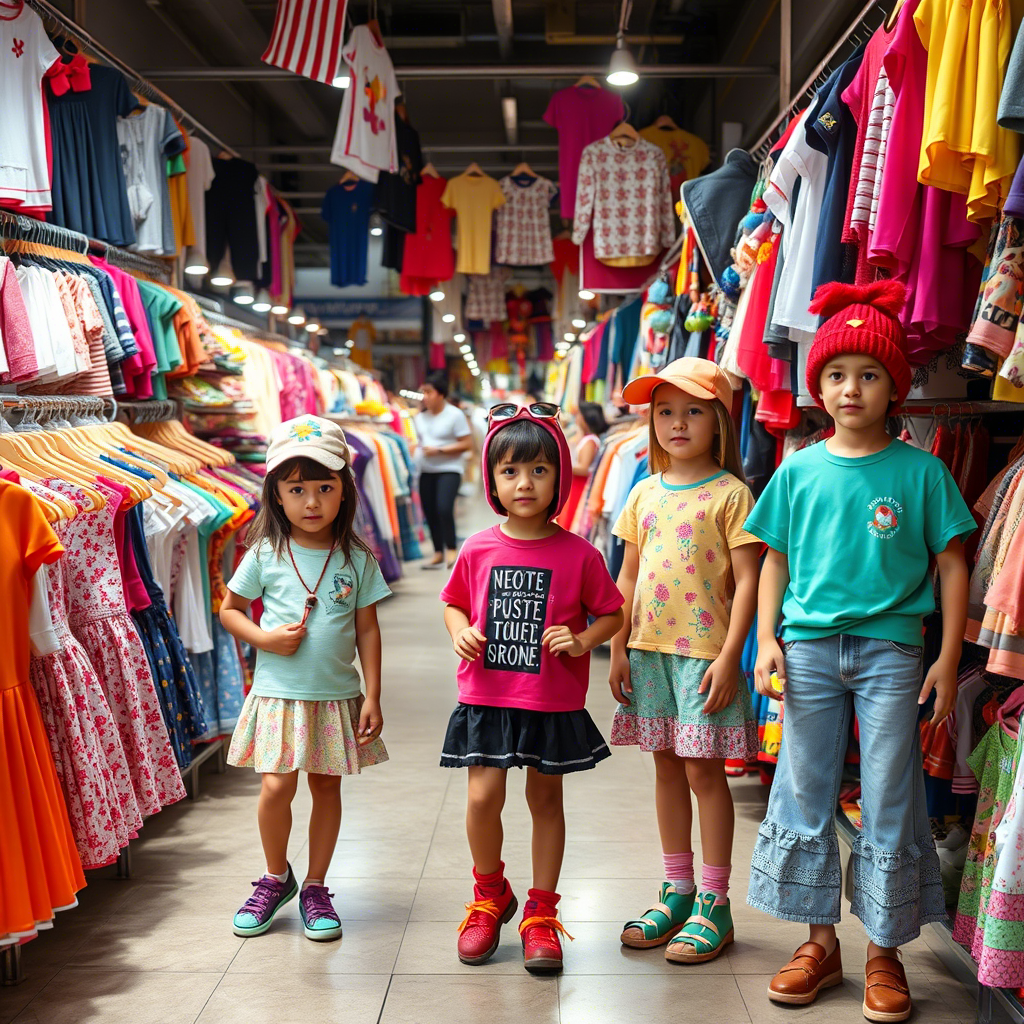 Vibrant kids wear displayed on a bustling wholesale market