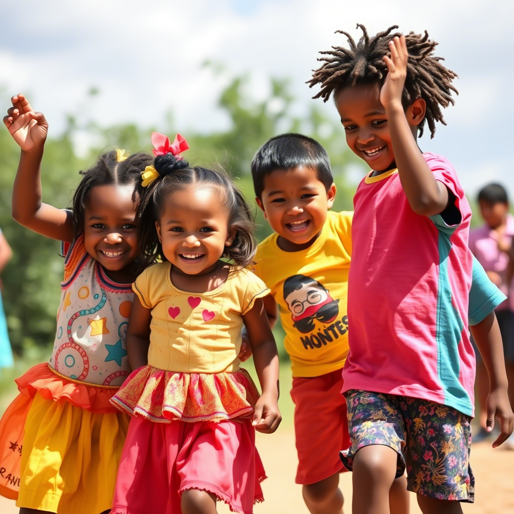 Vibrant kids wearing colorful clothing, playing together outdoors