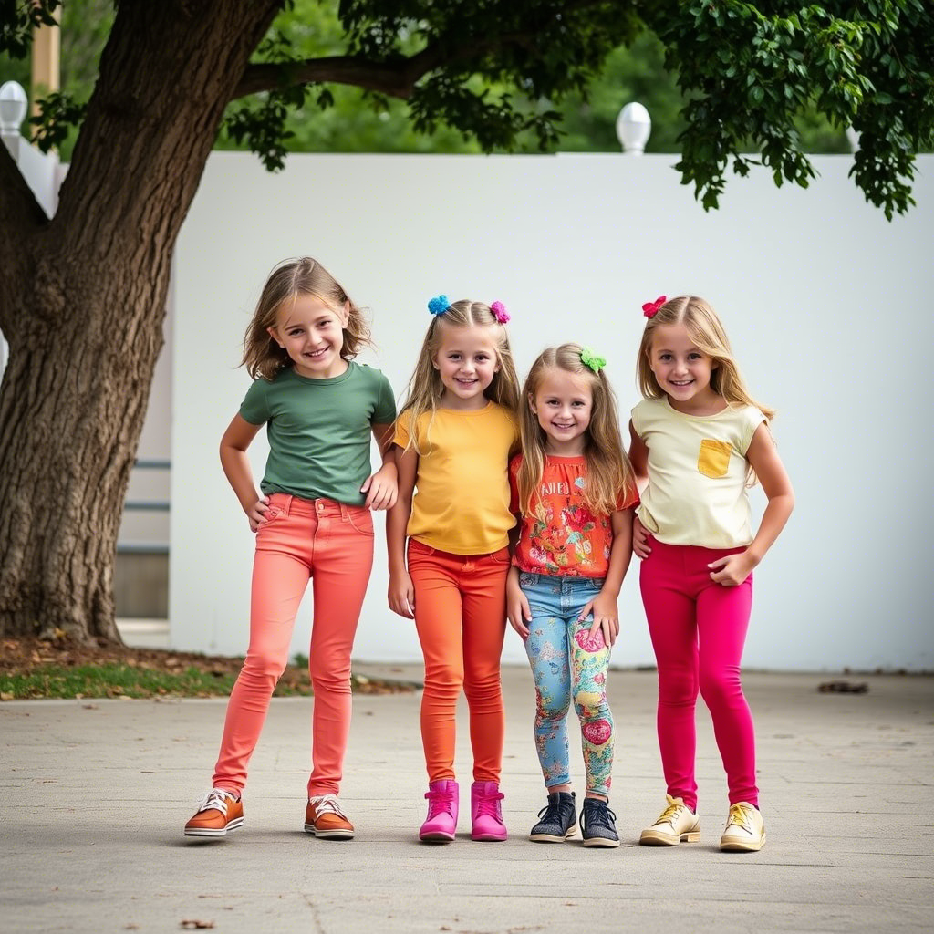 Vibrant kids wearing colorful jeans and leggings outdoors