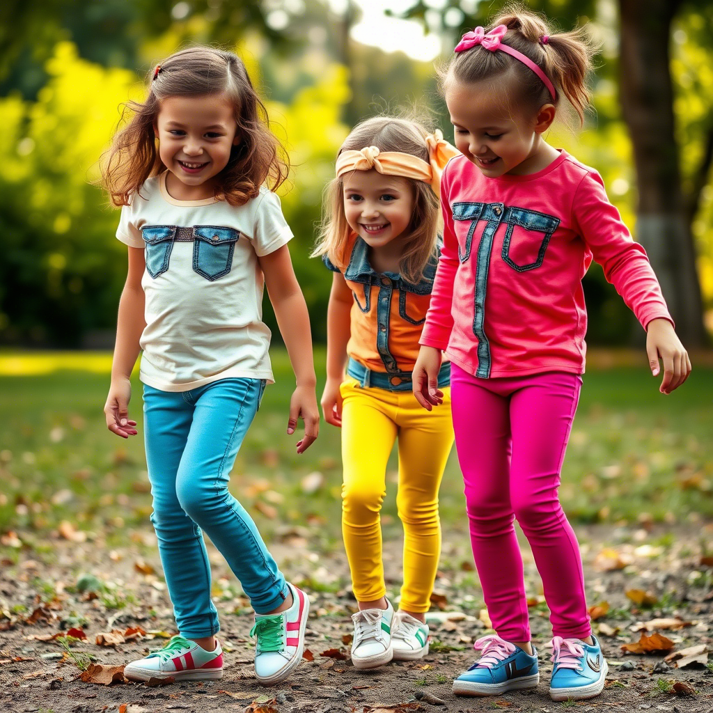 Vibrant kids wearing colorful jeans and leggings playing outside