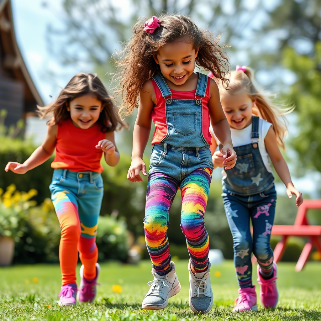 Vibrant kids wearing colorful jeans and leggings playing outside