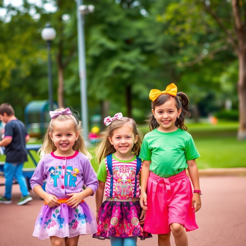 Vibrant kids wearing colorful outfits in a playful park scene