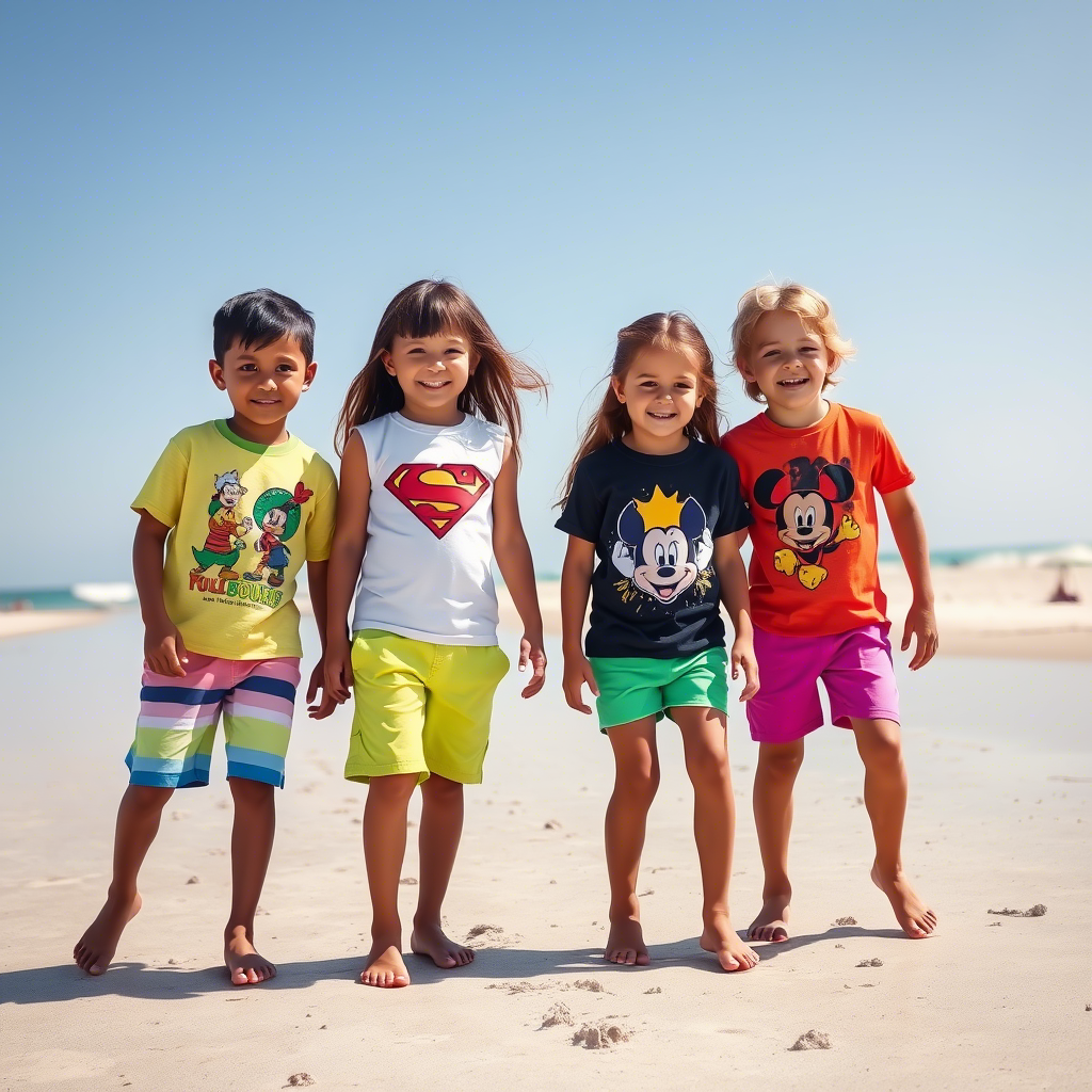 Vibrant kids wearing colorful shorts and graphic tees on a sunny beach