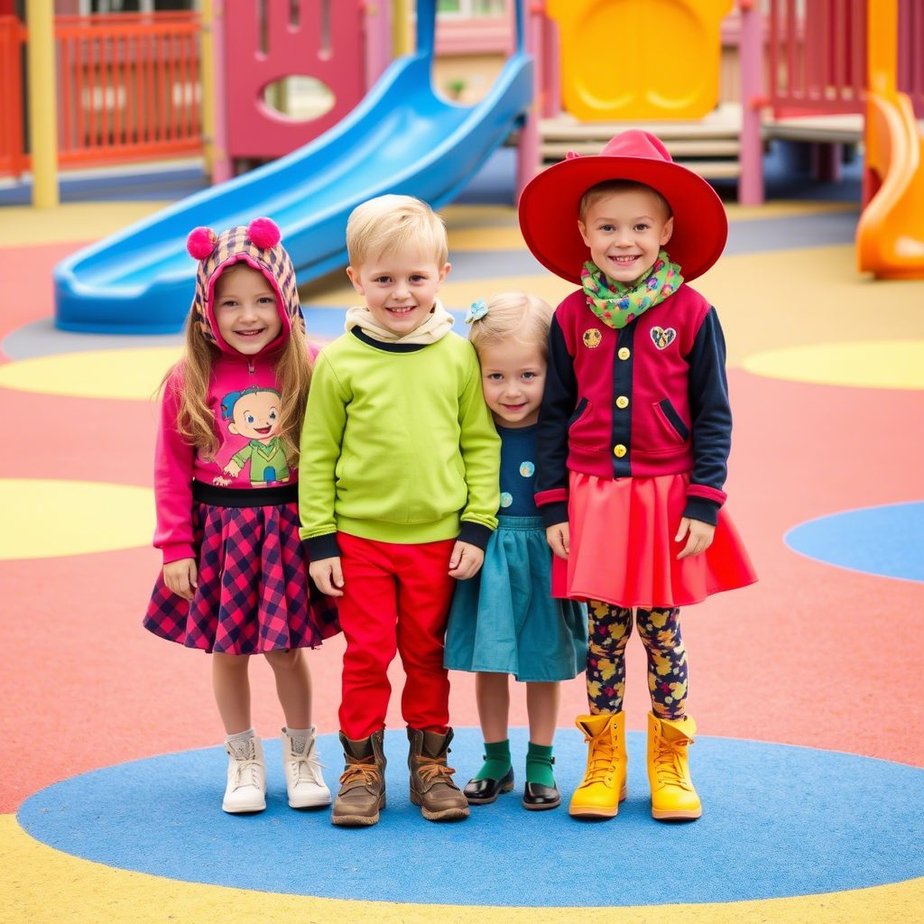 Vibrant kids wearing custom outfits on a colorful playground