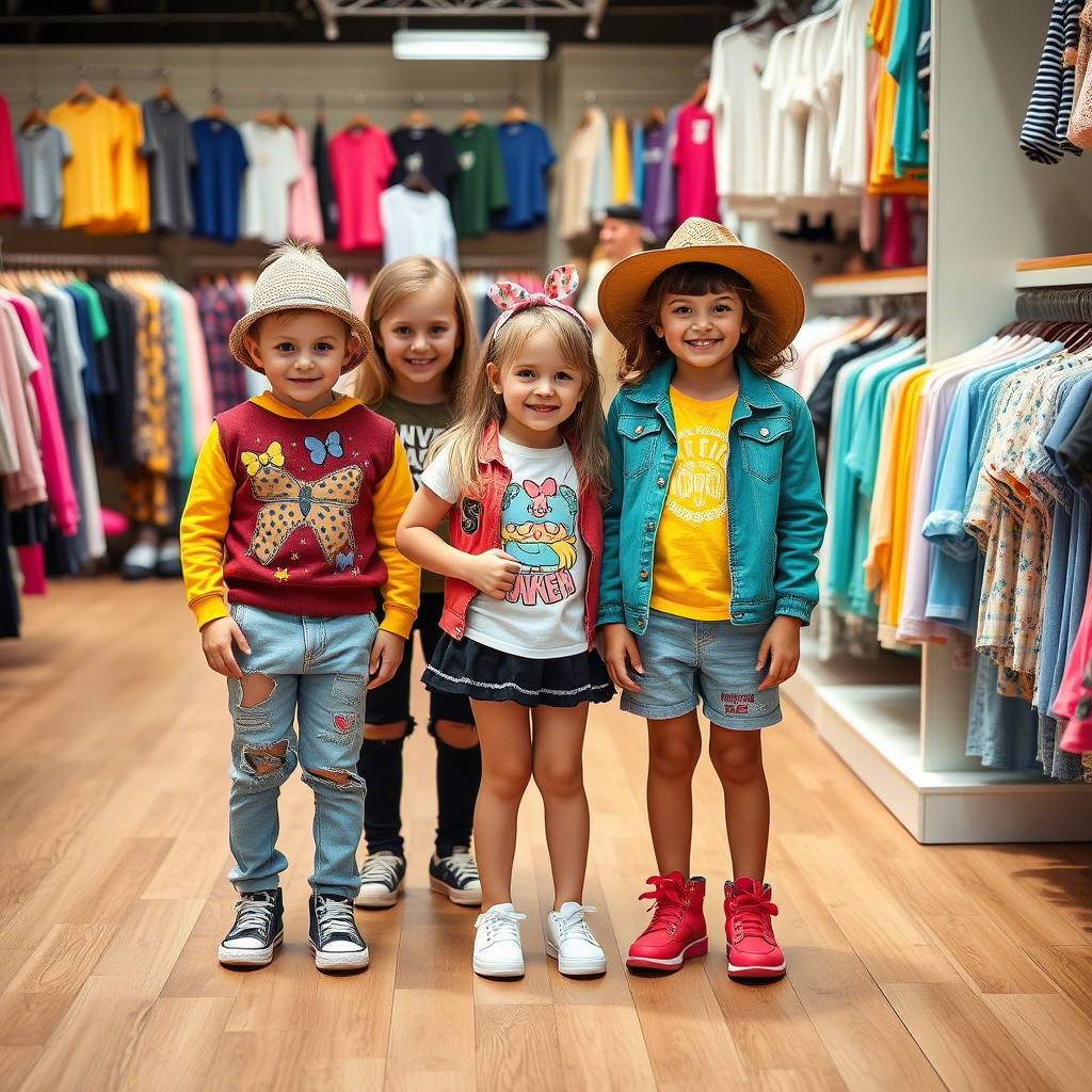 Vibrant kids wearing trendy outfits at a USA wholesale clothing store