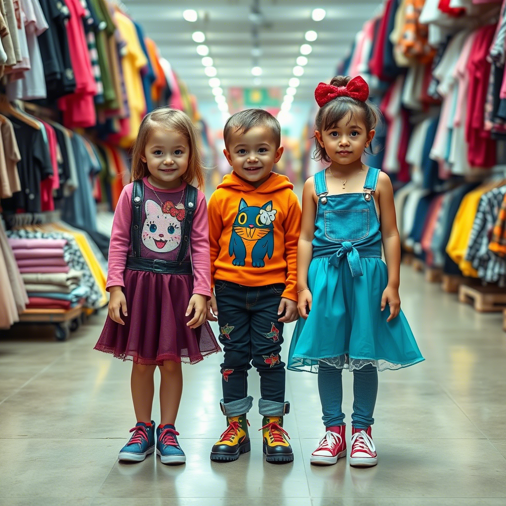 Vibrant kids wearing trendy outfits at a wholesale clothing market
