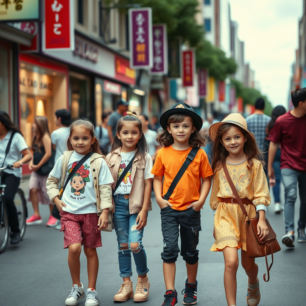 Vibrant kids wearing trendy outfits in a bustling city street