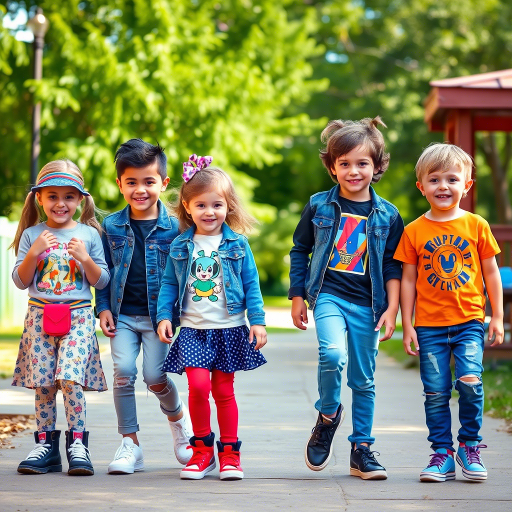 Vibrant kids wearing trendy outfits in a playful outdoor setting