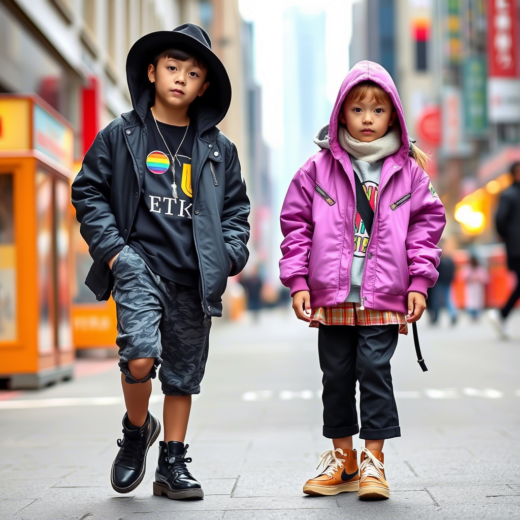 Vibrant kids wearing trendy outfits on Shanghai street