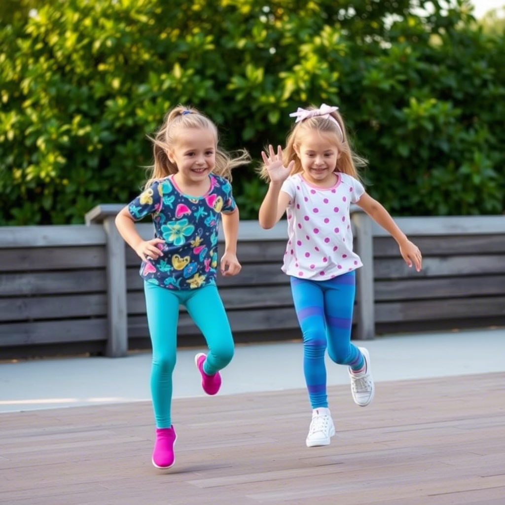 Vibrant leggings and matching tops for energetic kids in action