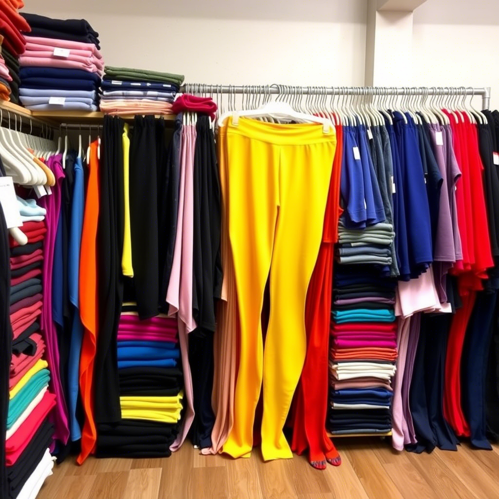 Vibrant leggings and pants assortment in a wholesale storage room