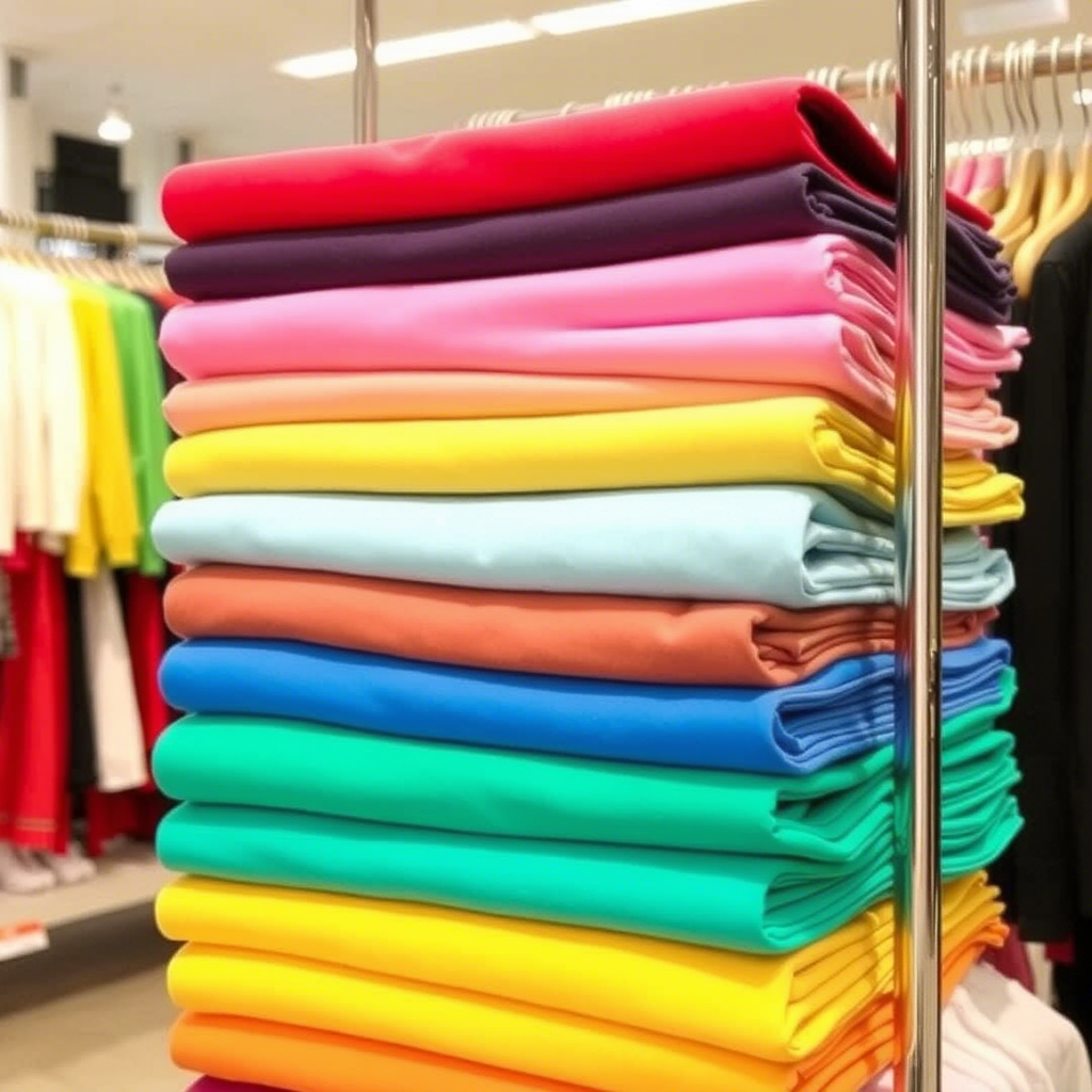 Vibrant leggings stacked high on a wholesale clothing rack