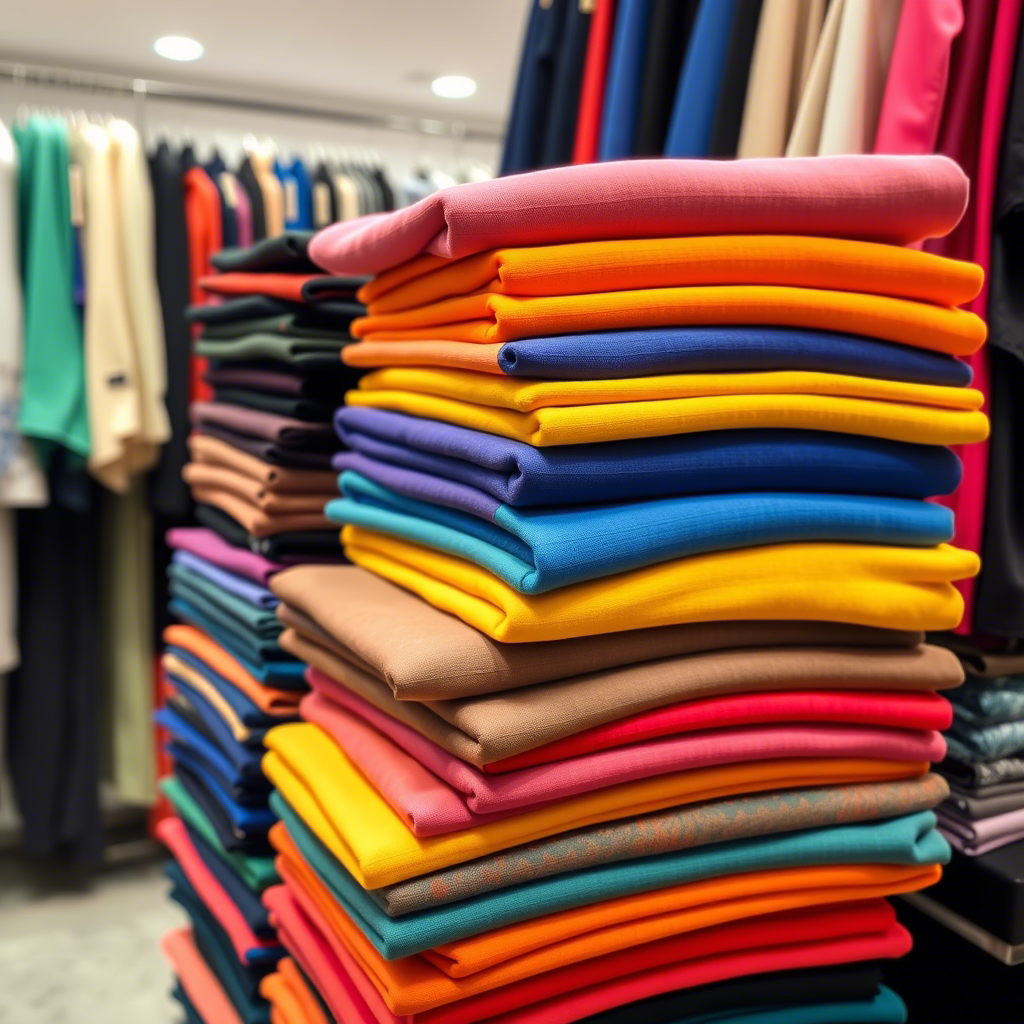 Vibrant leggings stacked on a fashion store shelf