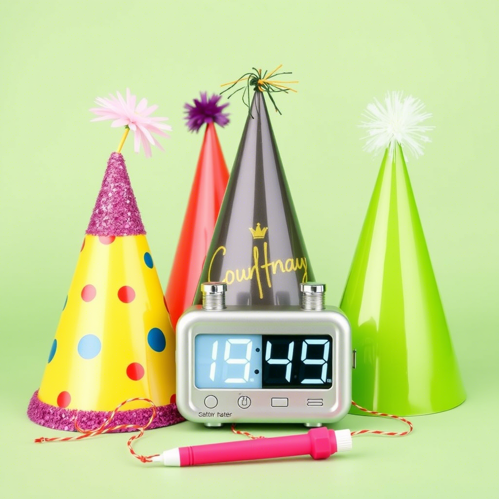 Vibrant party hats and noisemakers with a countdown timer