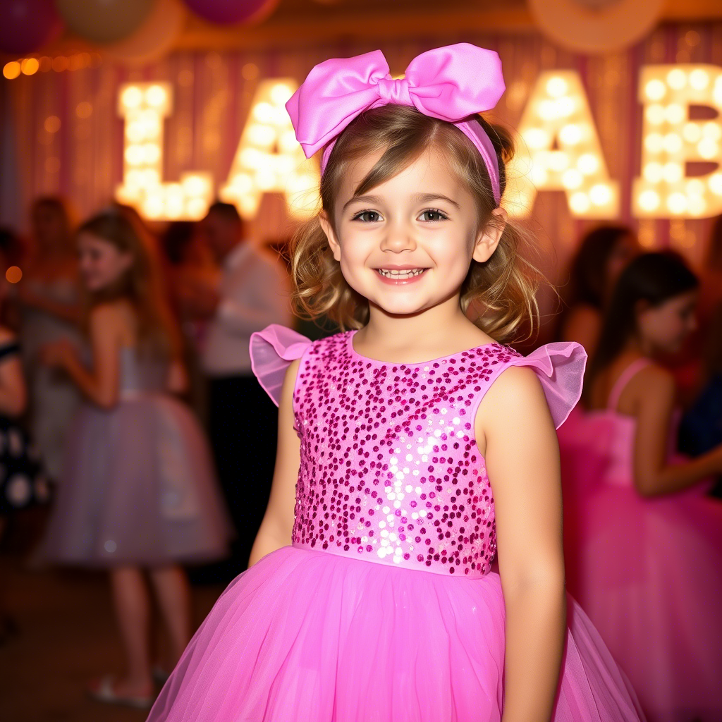 Vibrant pink sequined dress on a smiling little girl at a party
