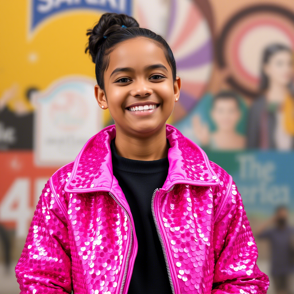 Vibrant pink sequined jacket on a smiling young girl