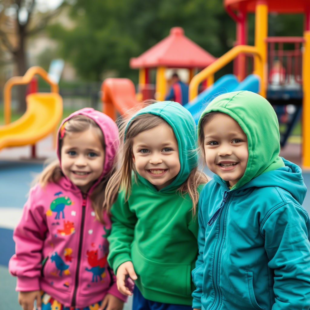 Vibrant playground scene with kids wearing colorful apparel
