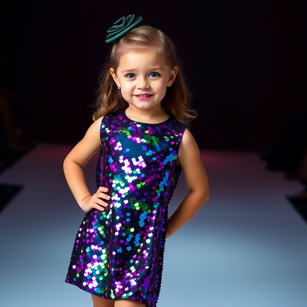 Vibrant sequin dress on a little girl model posing for a fashion photo shoot