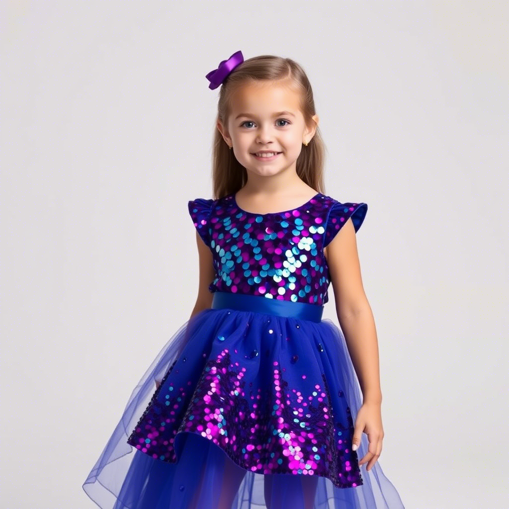 Vibrant sequin dress on little girl posing for fashion photography studio