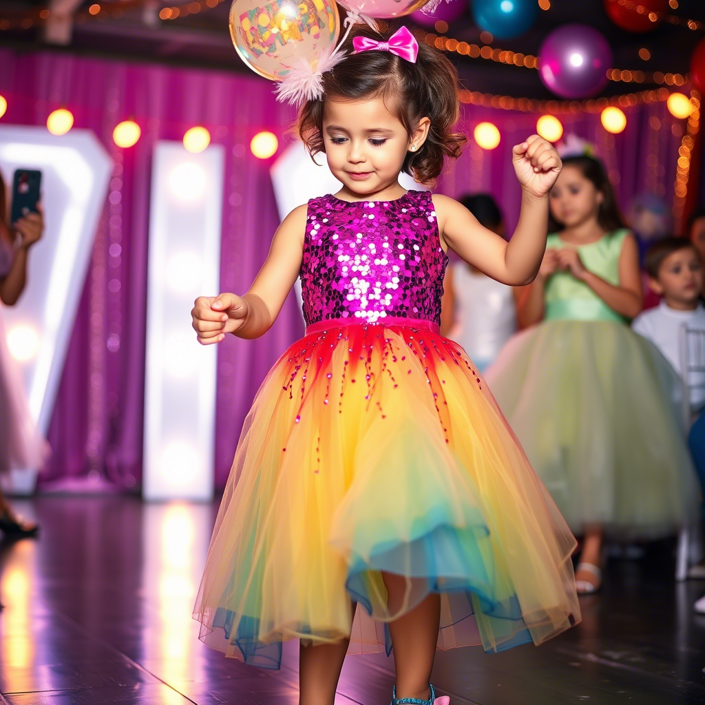 Vibrant sequin gown on little girl dancing at a festive birthday party
