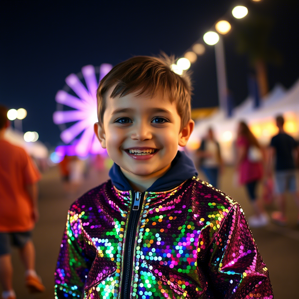 Vibrant sequin jacket worn by a smiling child on a festival night