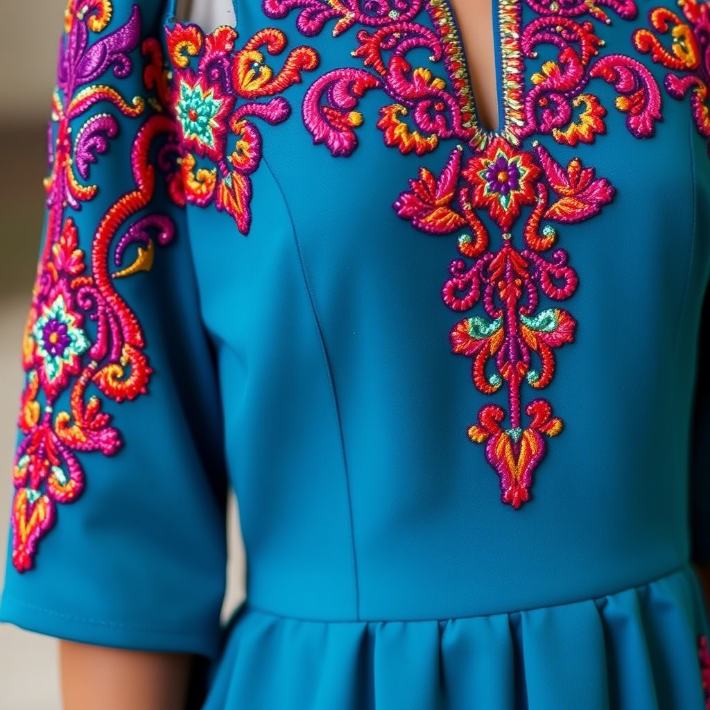 Vibrant sequined dress with intricate embroidery details showcased