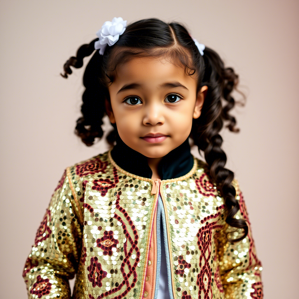 Vibrant sequined jacket on a little girl posing for a photoshoot