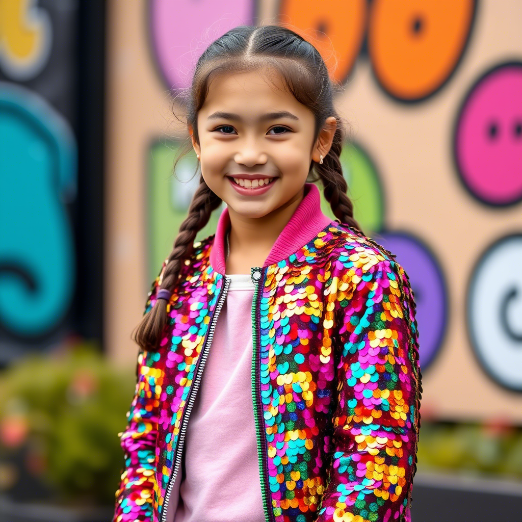 Vibrant sequined jacket on a smiling young girl posing outdoors
