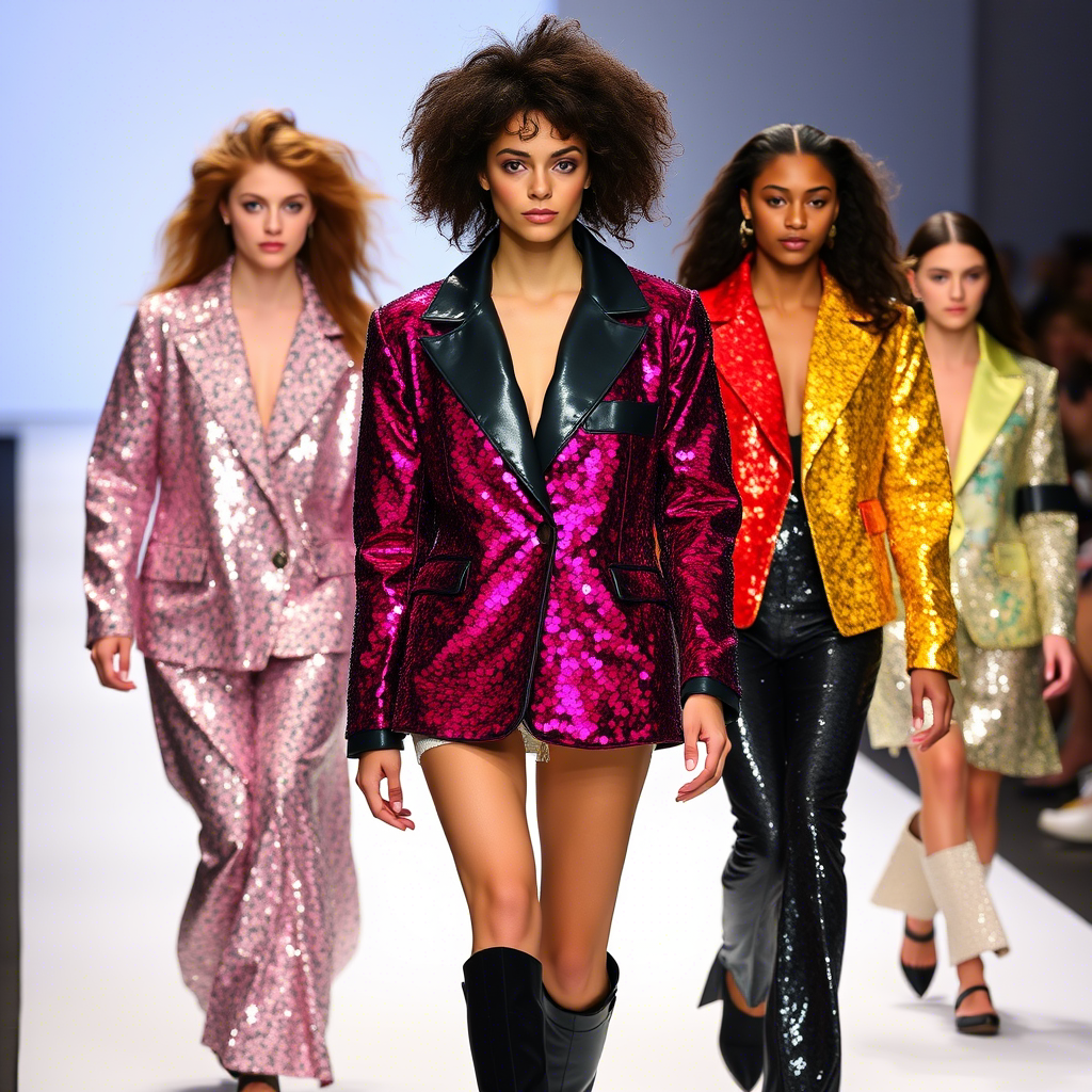 Vibrant sequined outerwear on diverse female models walking down runway