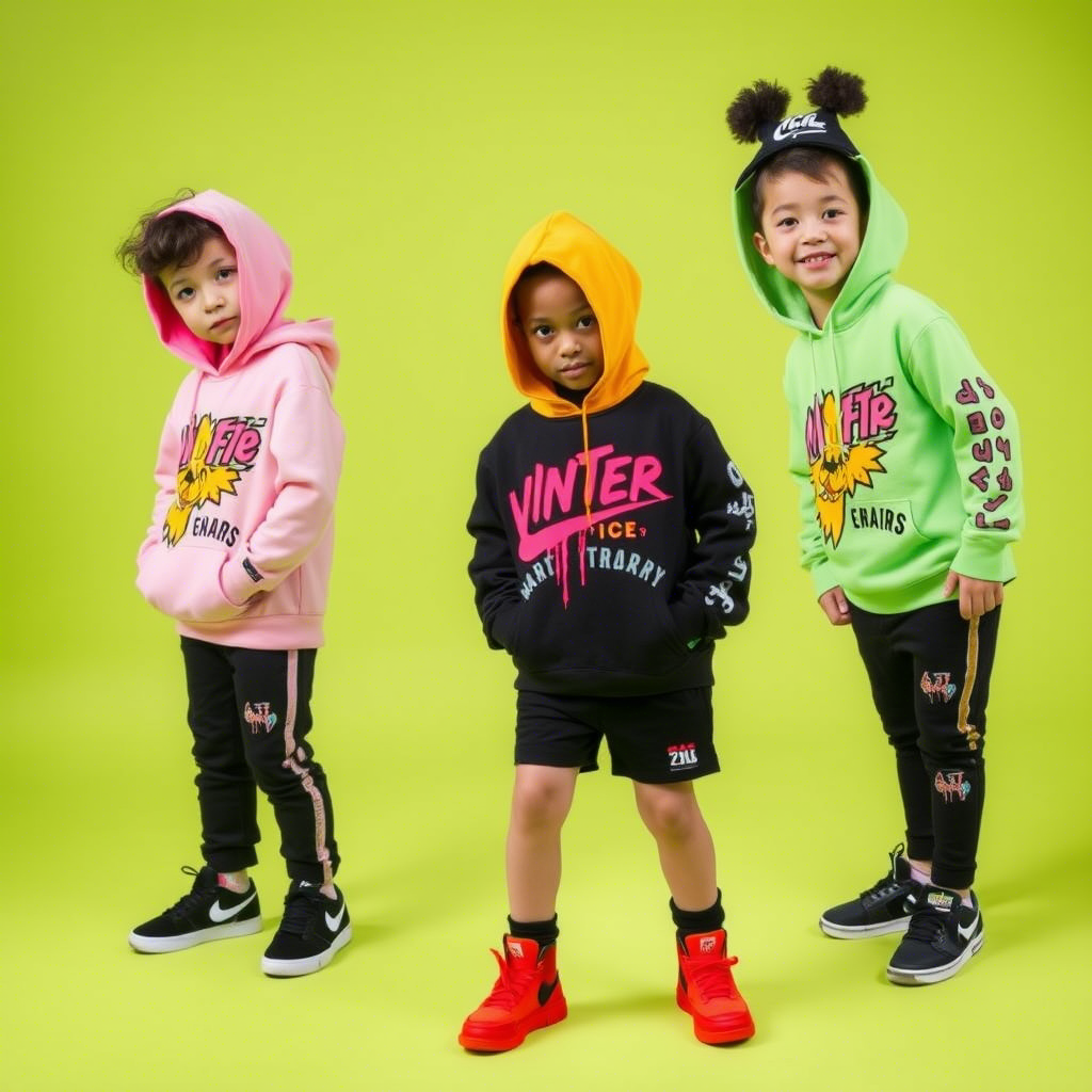 Vibrant streetwear designs for kids with bold graphics and bright hues
