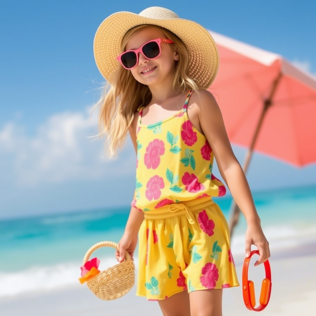 Vibrant summer clothing for kids with beach accessories