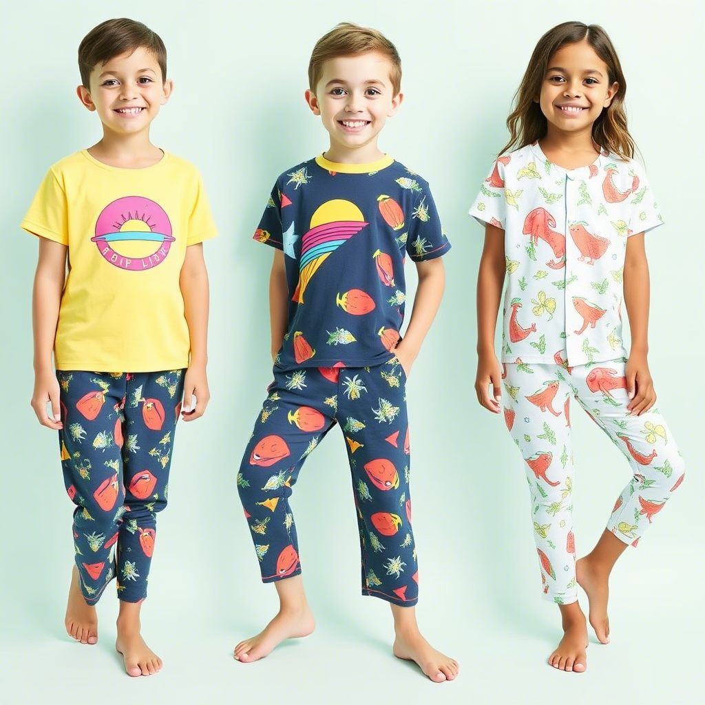 Vibrant summer pajama sets for kids in various fun designs