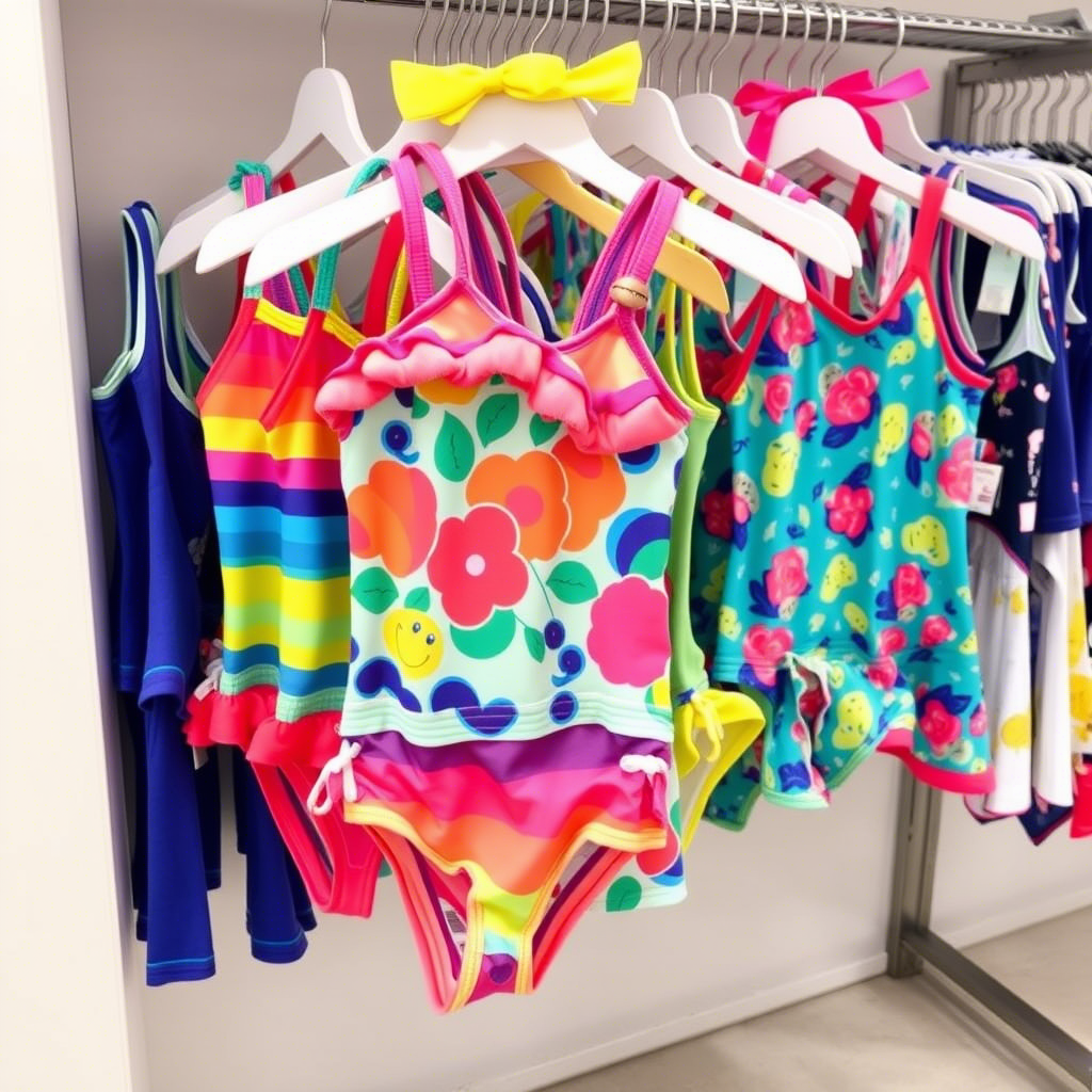 Vibrant swimwear for kids displayed on a store rack
