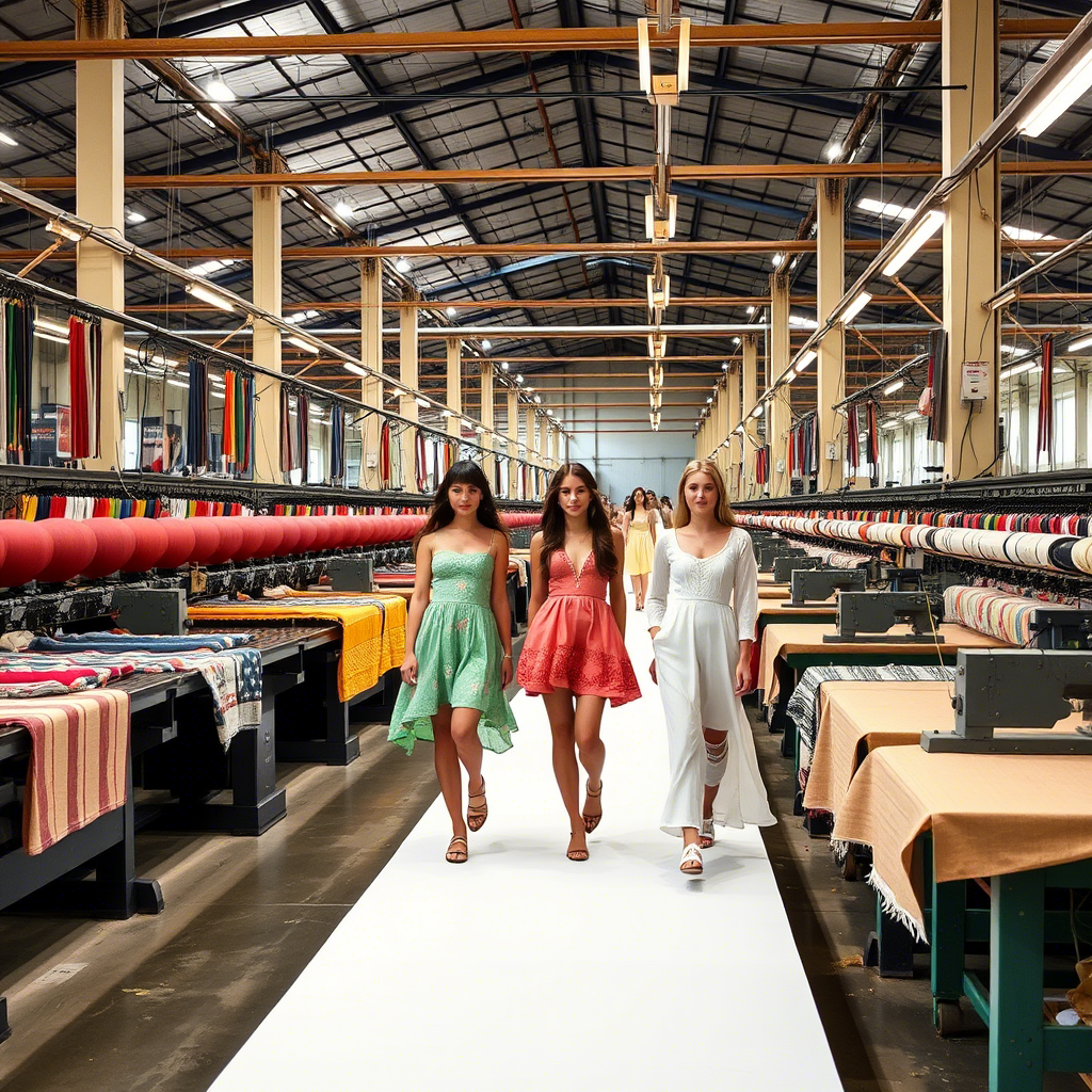 Vibrant textile factory with girls modeling clothes on catwalk