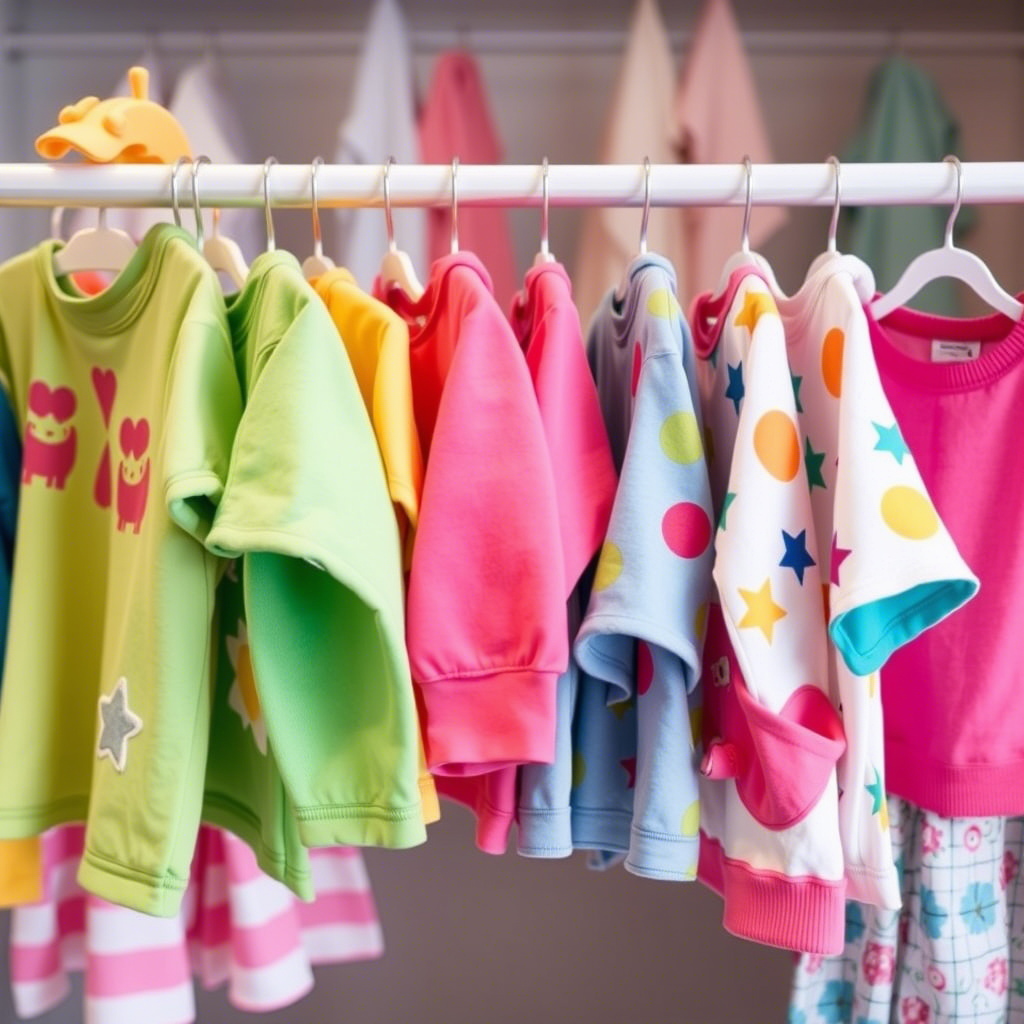 Vibrant toddler clothes hanging on a clothing rack