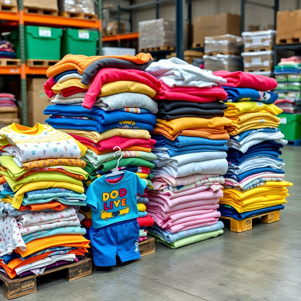 Vibrant toddler clothing bundles on a warehouse floor