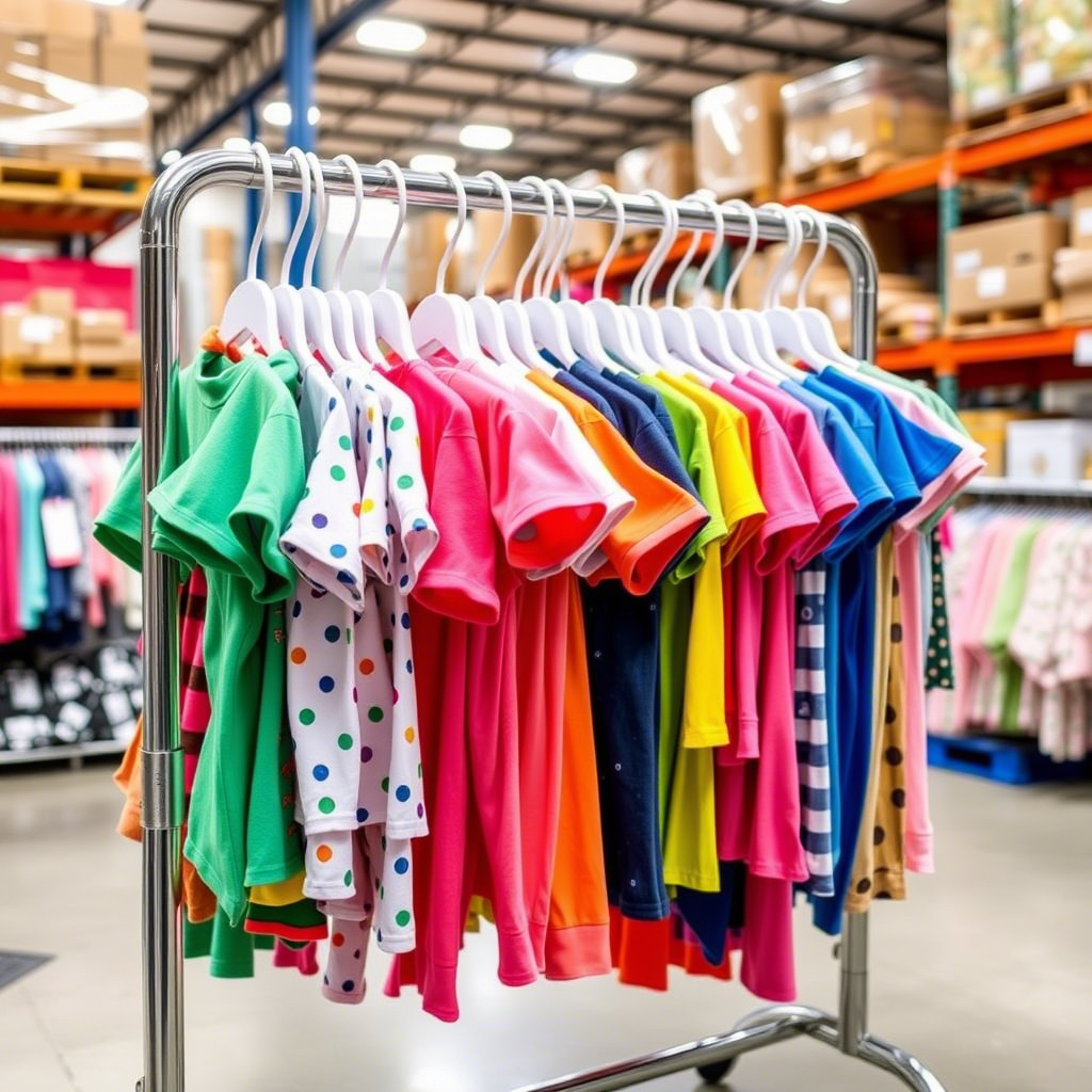 Vibrant toddler clothing hanging on a rack in a wholesale warehouse