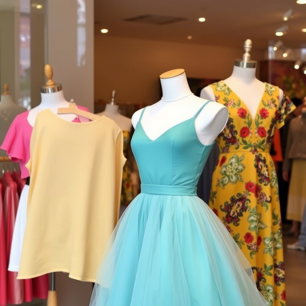 Vibrant tops and dresses displayed on a mannequin