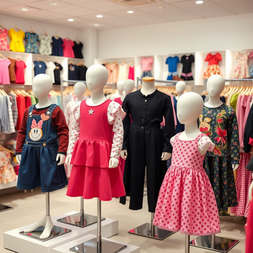 Vibrant wholesale children’s clothing on mannequins in a store