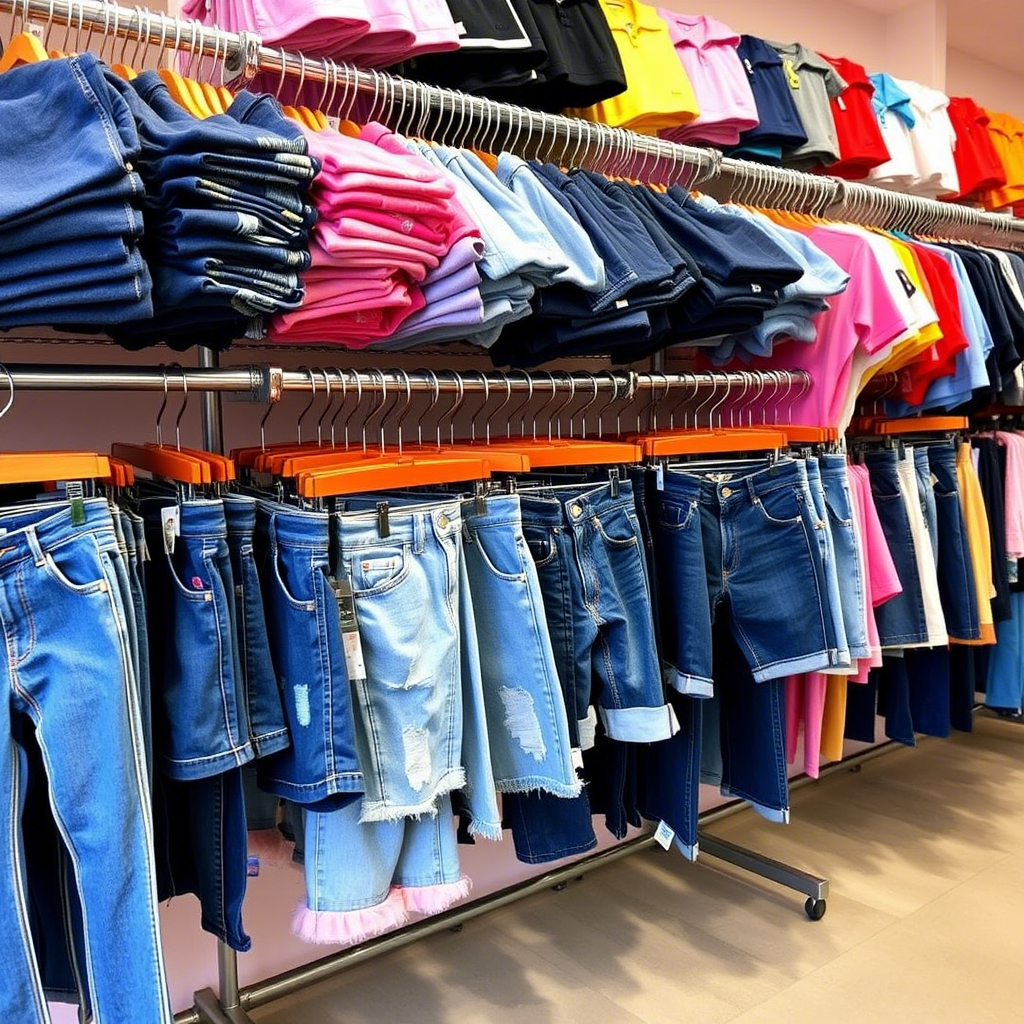Vibrant wholesale kids’ apparel display with jeans and shorts on racks