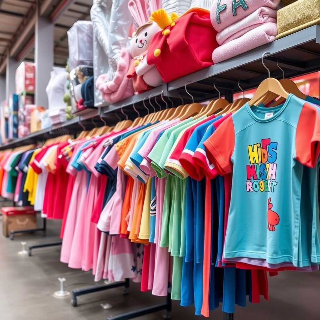 Vibrant wholesale kids clothing displayed on a rack in a Chinese warehouse