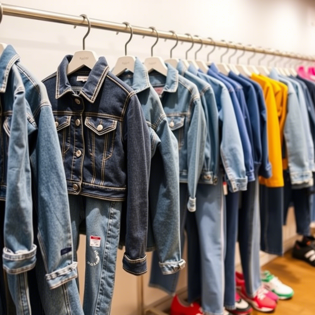 Vibrant wholesale kids’ denim jackets and jeans on display