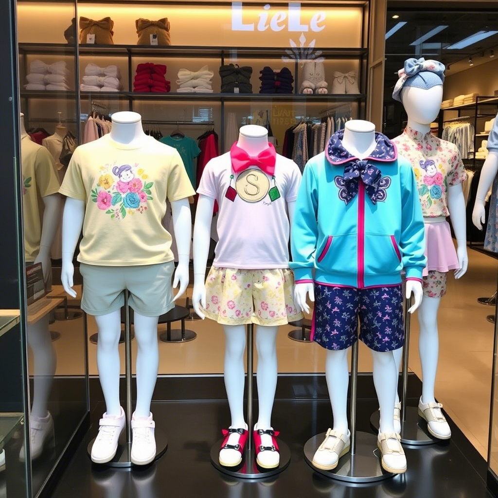 Vibrant wholesale kids’ outfits displayed on mannequins