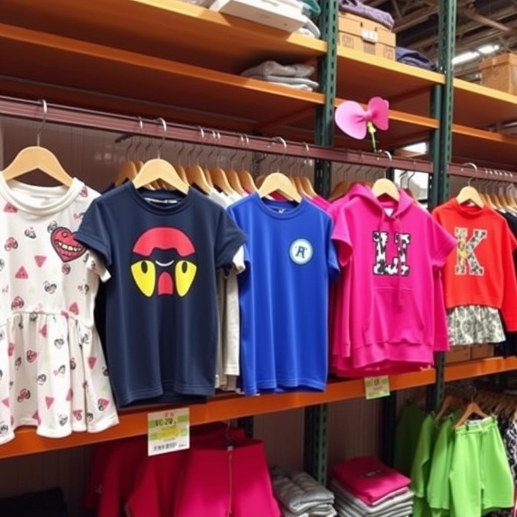 “Vibrant wholesale kids’ wear displayed on a Chinese warehouse shelf”