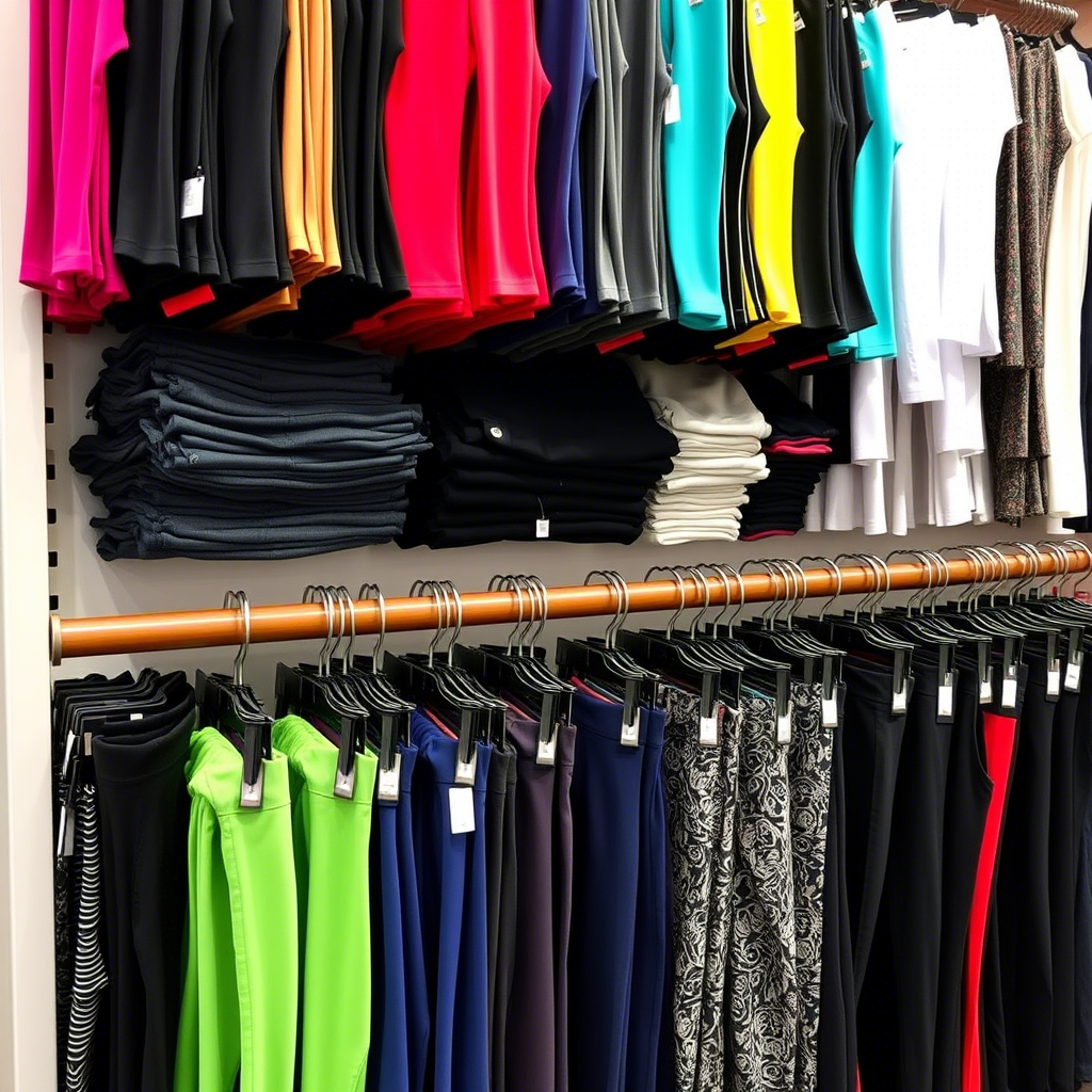 Vibrant wholesale leggings and pants displayed on racks