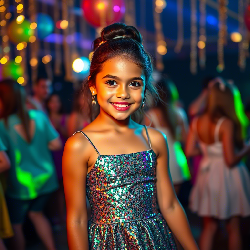 Vibrant young girl wearing shiny dance dress at night celebration